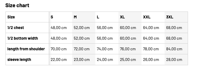 Pikeepaita Sizes