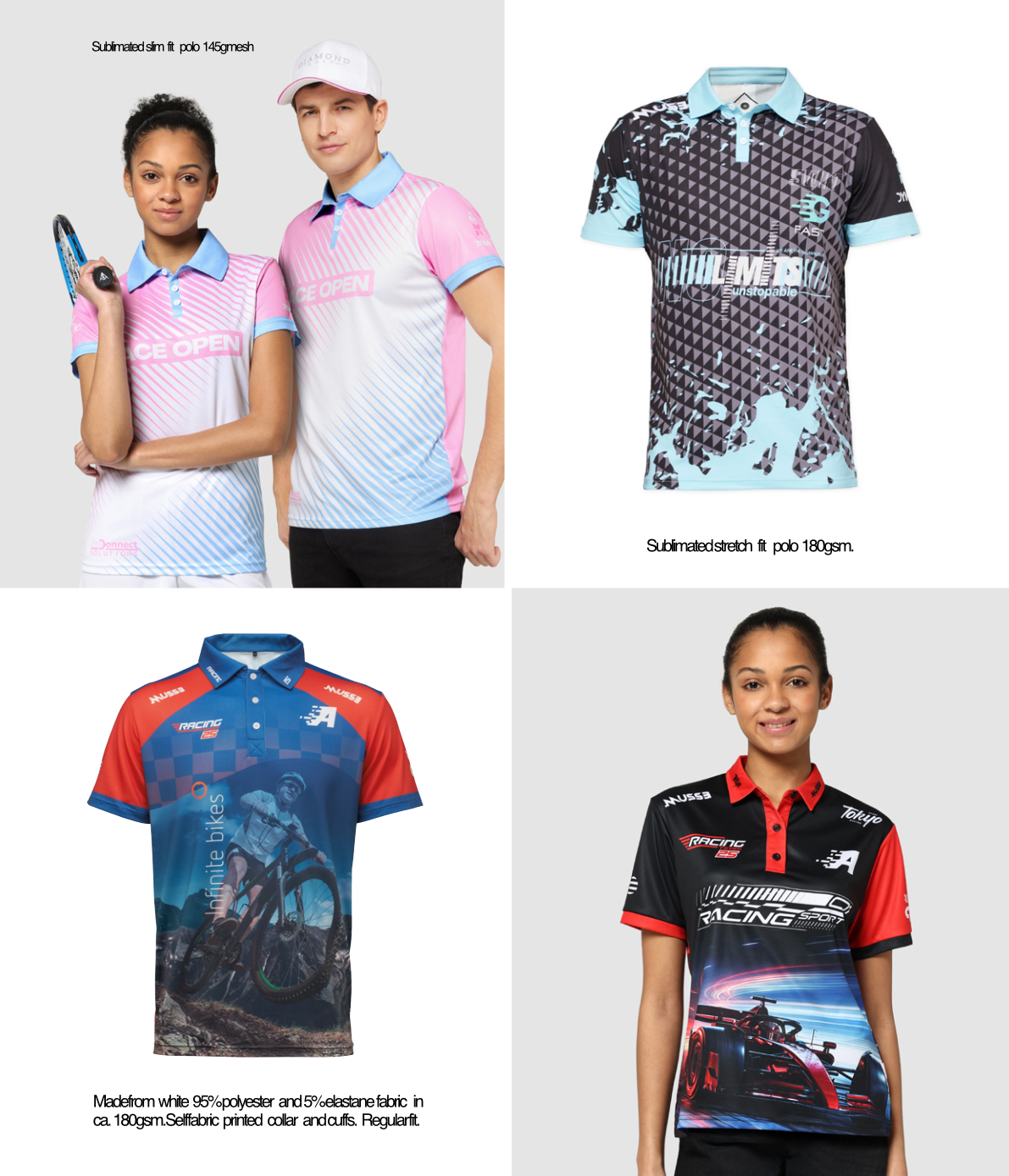 Catalogue Sheet 185 - Sublimated slim fit athletic polo and stretch fit 180gsm polo shirts